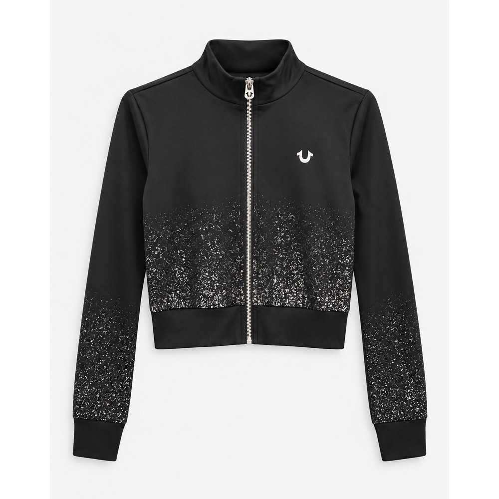 True Religion Girls Black Silver Ombre Foil Splatter Track Jacket Mock Neck M/M - Picture 1 of 3